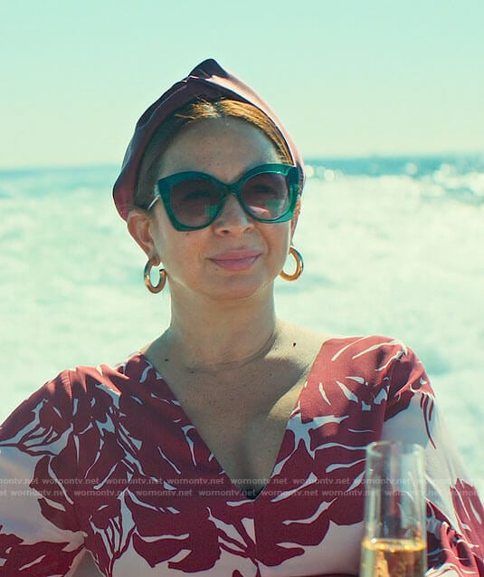 Molly’s red leaf print dress and green sunglasses on Loot