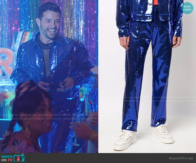 Moschino Sequinned Straight Leg Trousers worn by Sam Flores (Rafael de la Fuente) on Dynasty