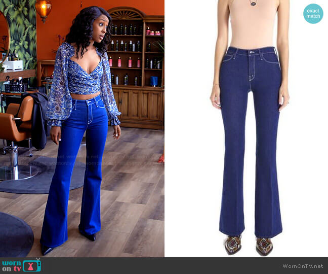 Mother The Country Doozy Flare Jeans in Ooh La La worn by Karen Mott (Ebony Obsidian) on Tyler Perrys Sistas