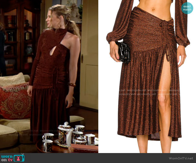 Nicholas Jayde Skirt in Umber worn by Summer Newman (Allison Lanier) on The Young and the Restless