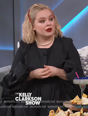 Nicola Coughlan’s black button down puff sleeve dress on The Kelly Clarkson Show