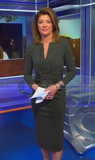 Norah’s green gathered v-neck dress on CBS Evening News