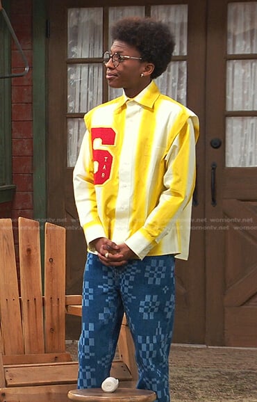 Noah’s yellow striped shirt and checkered jeans on Bunkd