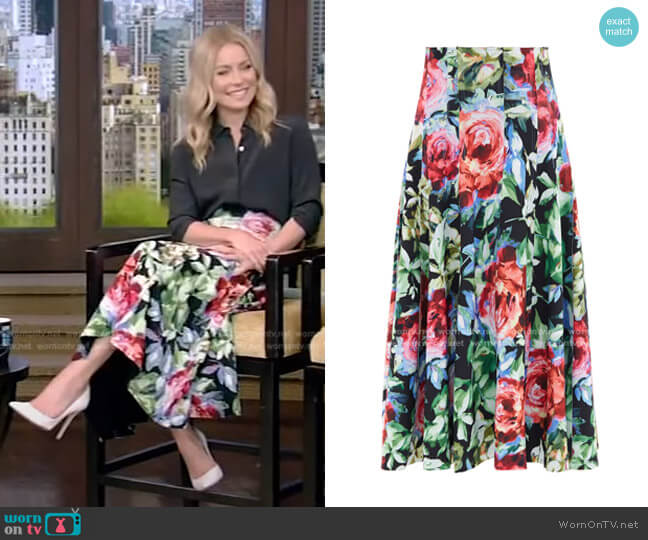 Norma Kamali Grace Floral-Print Skirt worn by Kelly Ripa on Live with Kelly and Mark