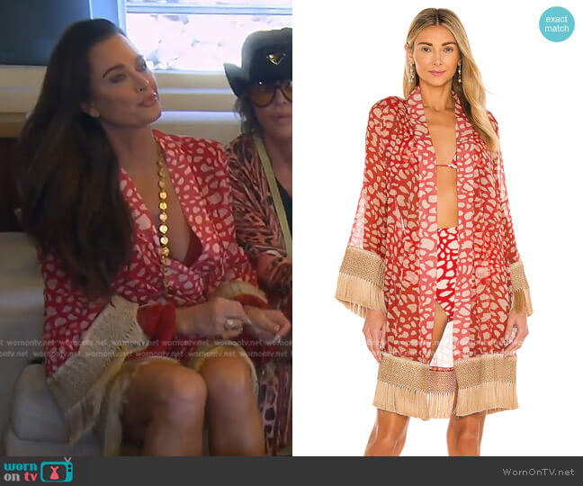 Patbo Spotted Fringe Trim Robe worn by Kyle Richards on The Real Housewives of Beverly Hills