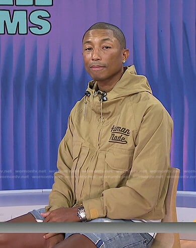 Pharrell’s khaki hooded jacket on Today