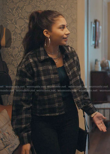 Pilar’s black plaid shirt jacket on Love Victor