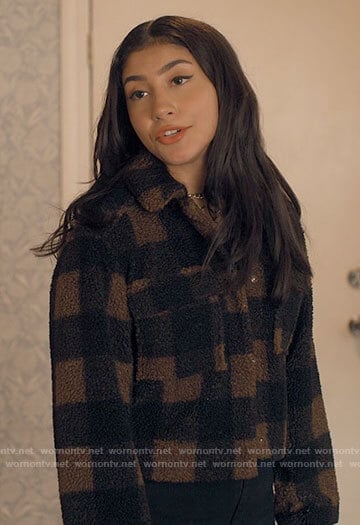Pilar’s brown checked fleece jacket on Love Victor