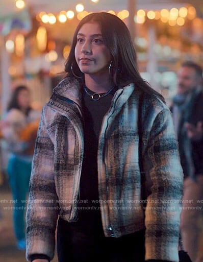 Pilar’s white plaid jacket on Love Victor