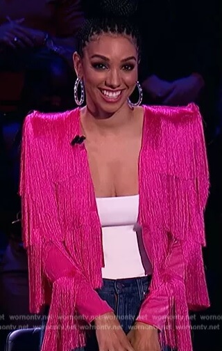 Corine’s pink fringe jacket on Beat Shazam