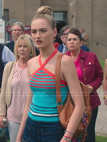 Phillipa’s striped ribbed knit halter top on First Kill