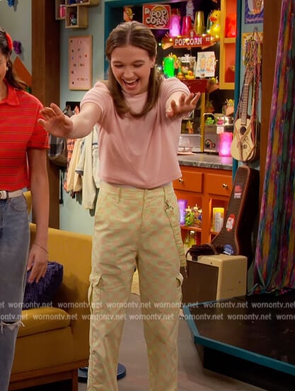 Presley’s checkerboard cargo pants on Side Hustle