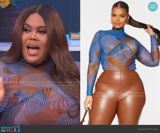 Pretty Little Thing Plus Contour Print Mesh High Neck Top worn by Nina Parker on E! News