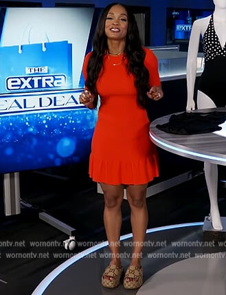 Rachel’s red ruffle hem dress on Extra
