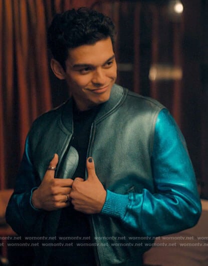 Rahim’s metallic blue bomber jacket on Love Victor