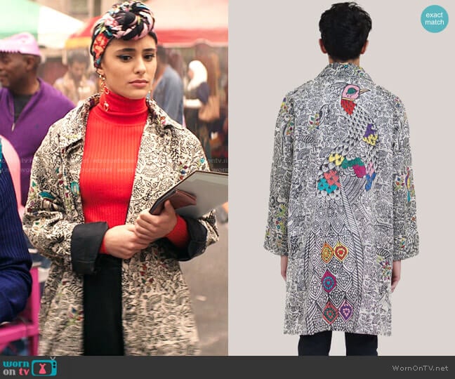 Rastah Hand Block Print and Embroidered Velvet Coat worn by Nakia (Yasmeen Fletcher) on Ms. Marvel