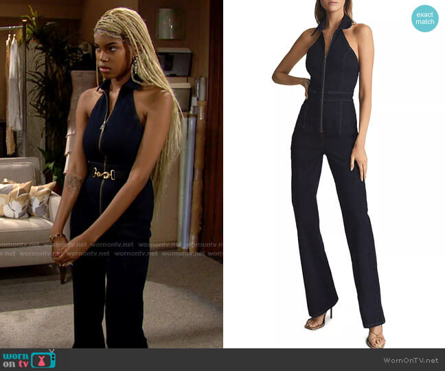 Reiss Pennie Denim Halter Jumpsuit worn by Paris Buckingham (Diamond White) on The Bold and the Beautiful