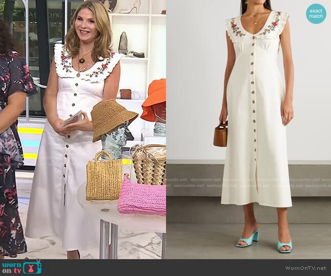 Rixo Nova Embroidered Denim Midi Dress worn by Jenna Bush Hager on Today