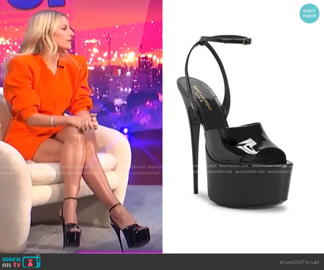 Saint Laurent Patent Calfskin Ankle-Strap Platform Sandals worn by Morgan Stewart on E! News