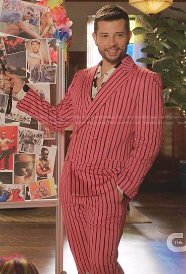 Sam’s pink striped blazer and pants on Dynasty
