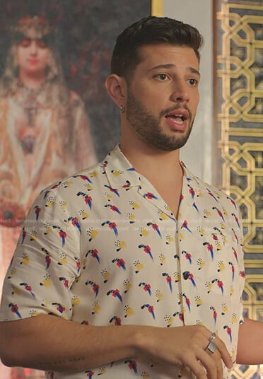 Sam’s white printed short sleeve shirt on Dynasty