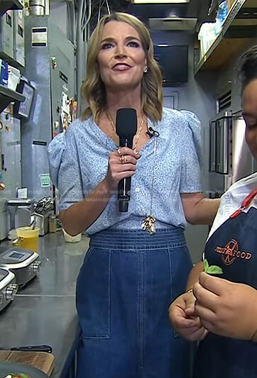 Savannah’s blue print puff sleeve top and denim skirt on Today
