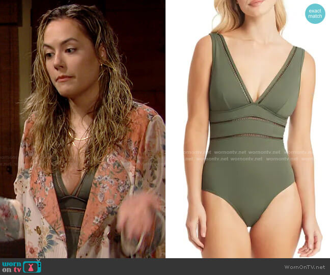 Sea Level Spliced Plunge One-Piece in Khaki worn by Hope Logan (Annika Noelle) on The Bold and the Beautiful