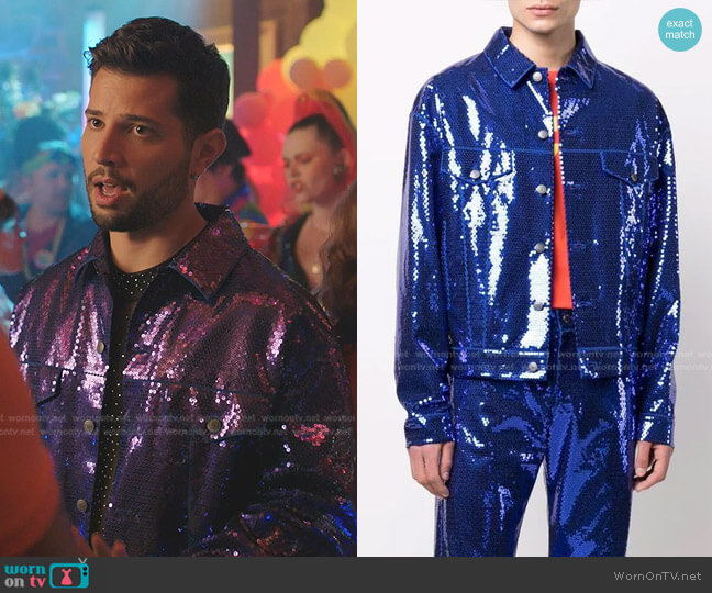 Moschino Sequinned Bomber Jacket worn by Sam Flores (Rafael de la Fuente) on Dynasty