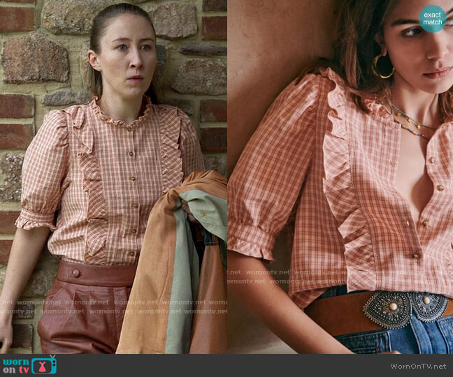 Sezane Guillemette Shirt in Pink Check worn by Becky Green (Erin Doherty) on Chloe