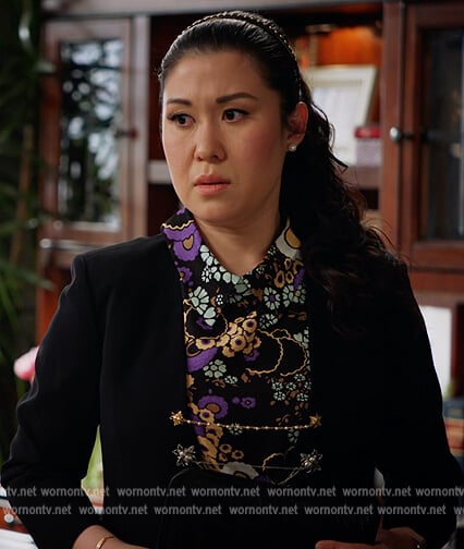 Sherri’s black floral print top on All Rise