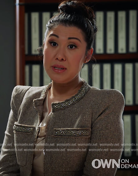 Sherri’s gray tweed embellished jacket on All Rise