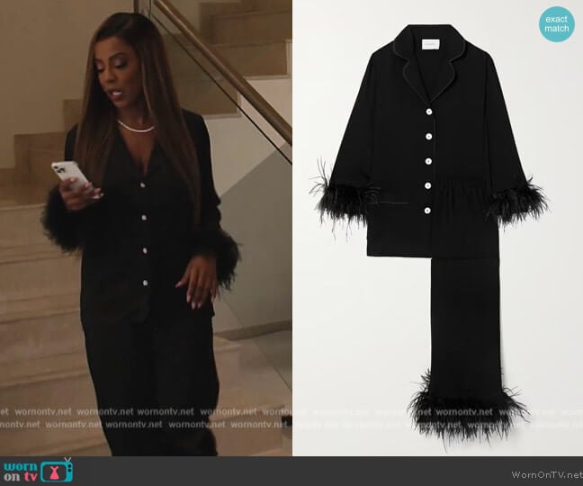 Sleeper + NET SUSTAIN feather-trimmed crepe de chine pajama set worn by Caroline Brooks (Caroline Brooks) on The Real Housewives of Dubai