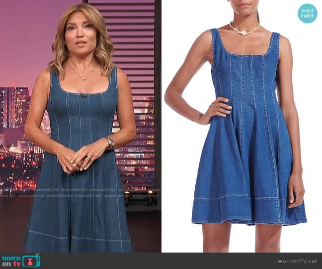 Staud Wells Denim Skater Dress worn by Kit Hoover on Access Hollywood