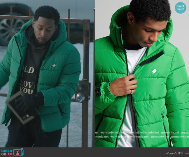 Superdry Hooded Sports Puffer Jacket worn by Emmett (Jacob Latimore) on The Chi