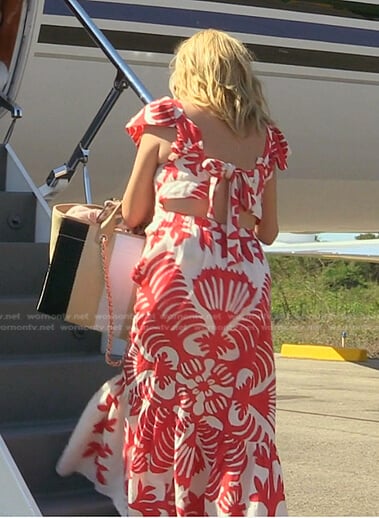 Sutton’s red and white print cutout dress on The Real Housewives of Beverly Hills