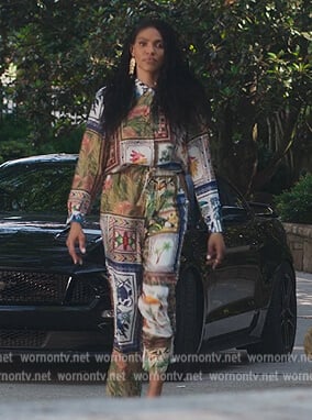 Talia’s floral patchwork blouse and pants on First Kill
