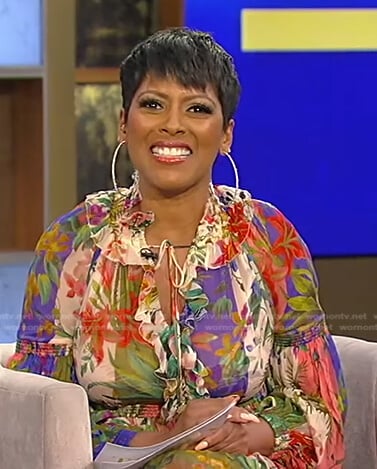 Tamron’s floral ruffled dress on Tamron Hall Show