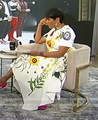 Tamron’s white floral print midi dress on Tamron Hall Show