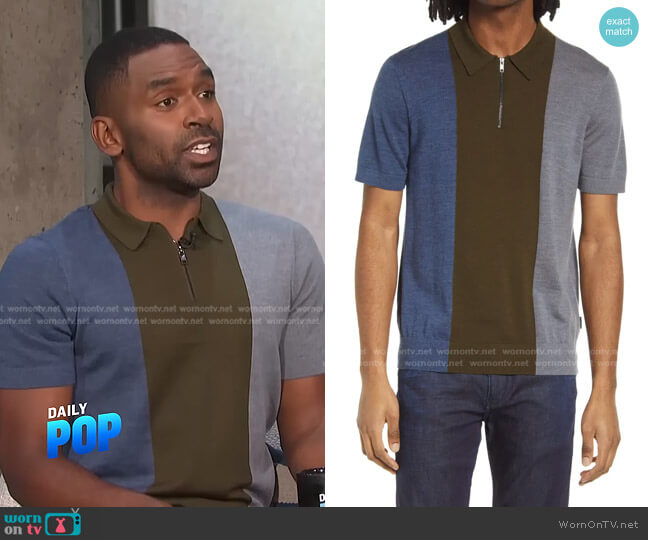 Ted Baker Swansea Vertical Stripe Merino Wool Polo Sweater worn by Justin Sylvester on E! News
