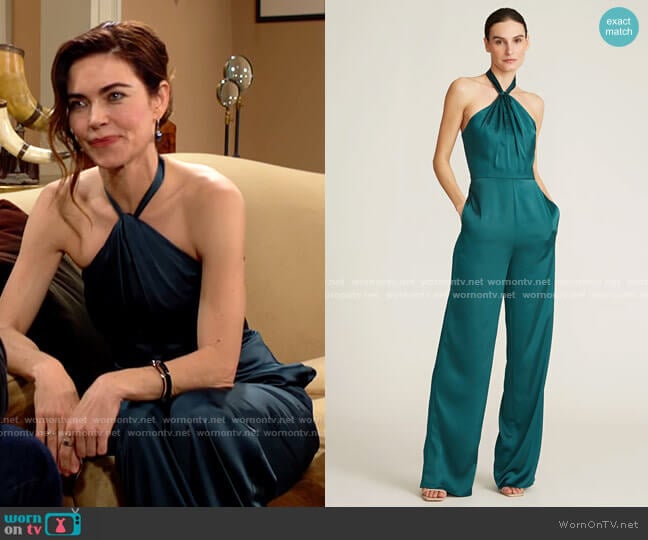 Theia Zuri Halter Jumpsuit worn by Victoria Newman (Amelia Heinle) on The Young and the Restless