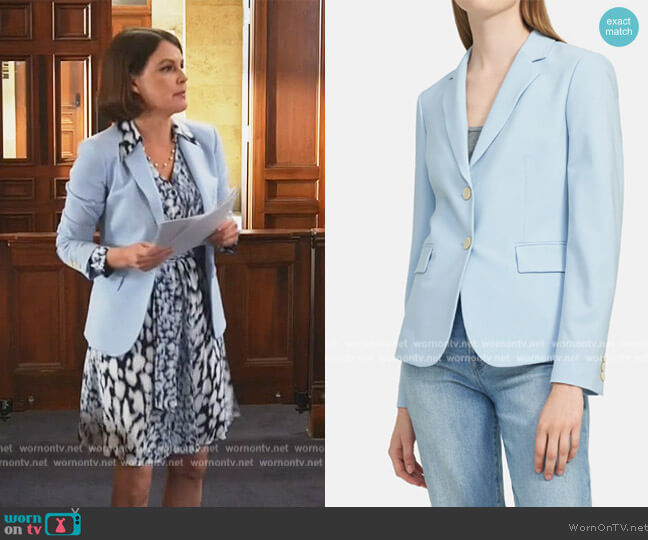 Theory Tailored Blazer in Sky worn by Maggie Palmer (Suzanne Cryer) on All Rise