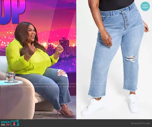 Nina Parker Trendy Plus Size Button-Fly Distressed Boyfriend Jeans worn by Nina Parker on E! News