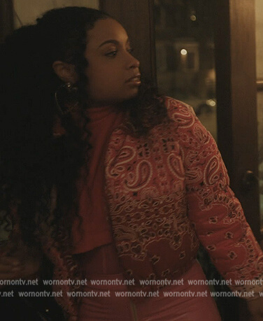 Tiffany’s pink paisley print puffer jacket on The Chi