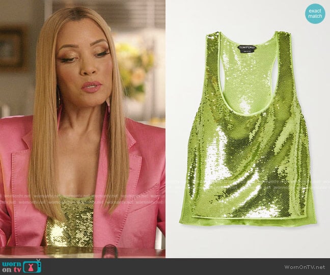 Tom Ford Silk-Trimmed Sequined Stretch-Tulle Tank worn by Dominique Deveraux (Michael Michele) on Dynasty