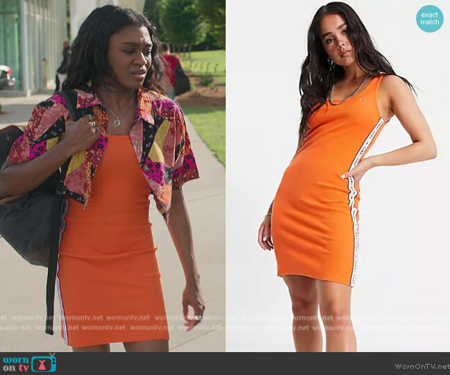 Tommy Hilfiger Tommy Jeans logo tape side dress in orange worn by Calliope Burns (Imani Lewis) on First Kill
