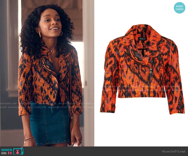Topshop Cropped Aztec Biker Jacket worn by Mia Brooks (Rachel Hilson) on Love Victor