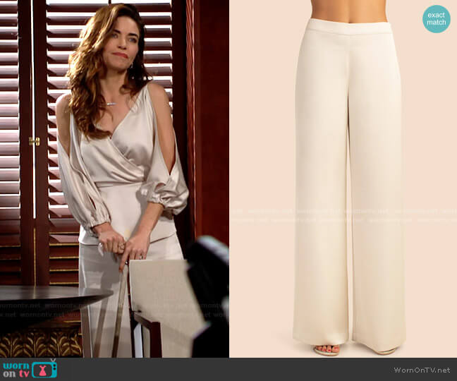 Trina Turk Long Weekend Pant in Oyster White worn by Victoria Newman (Amelia Heinle) on The Young and the Restless