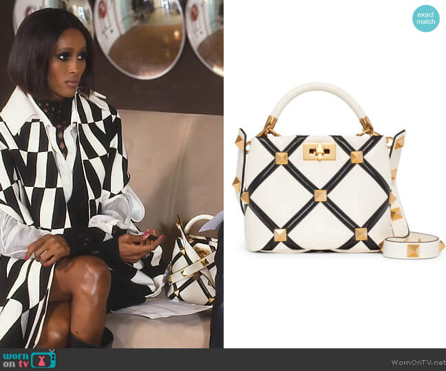 Valentino Small Roman Stud Grid Leather Top Handle Bag worn by Chanel Ayan (Chanel Ayan) on The Real Housewives of Dubai