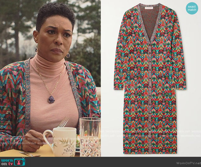 Valentino Jacquard Optical-pattern lurex long cardigan worn by Lorraine Swift (April Parker Jones) on Tom Swift