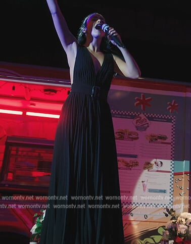 Veronica’s black plunging maxi dress on Riverdale